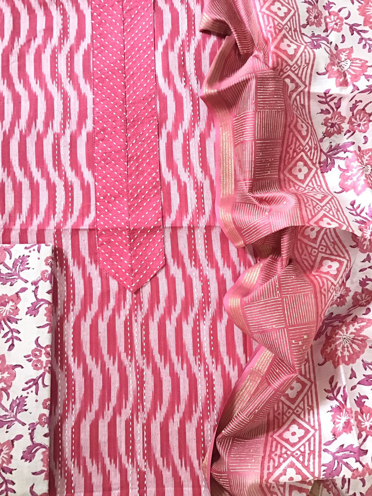 Pure Fine Ikkat Cotton Printed Embroidered Suit - Pink