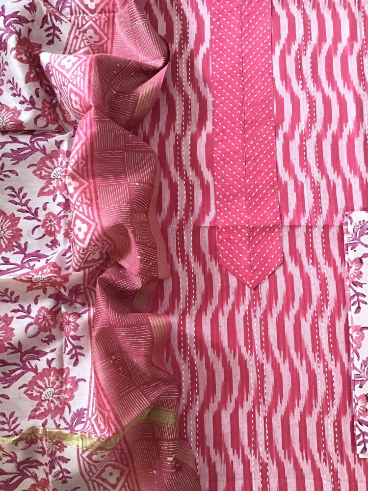 Image of Pure Fine Ikkat Cotton Printed Embroidered Suit - Pink