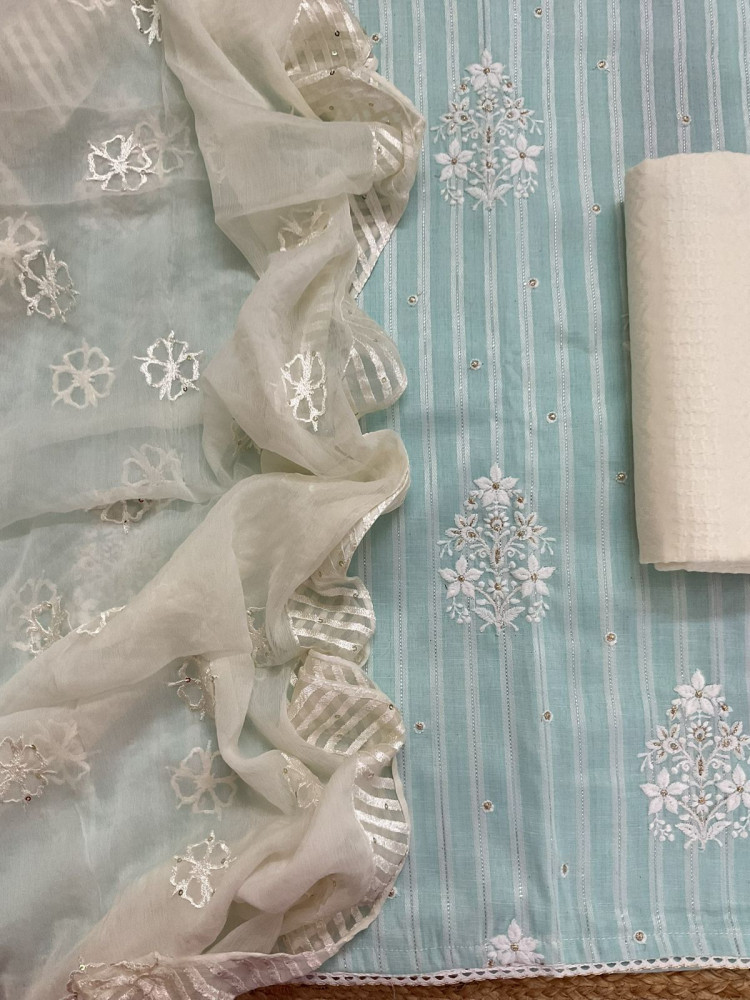 Image of Pure Cotton Self Weaved Embroidered Suit - Blue