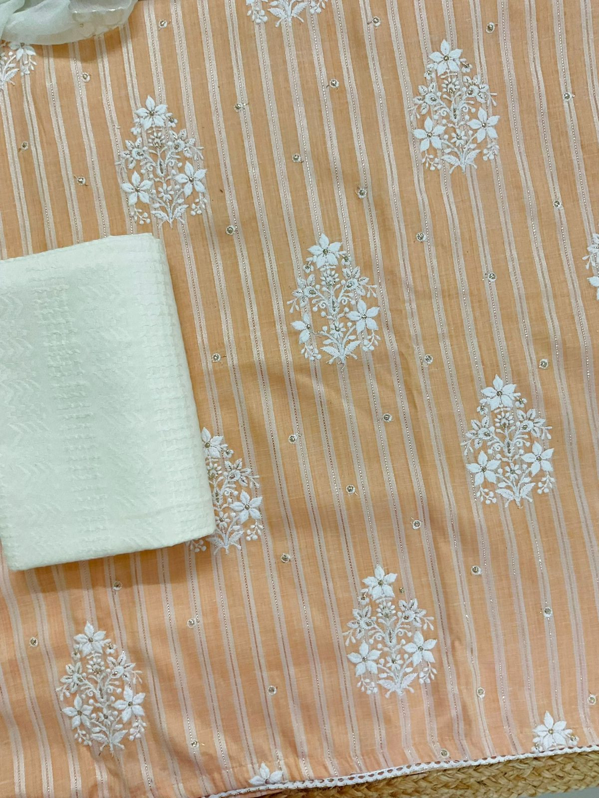 Pure Cotton Self Weaved Embroidered Suit - Peach