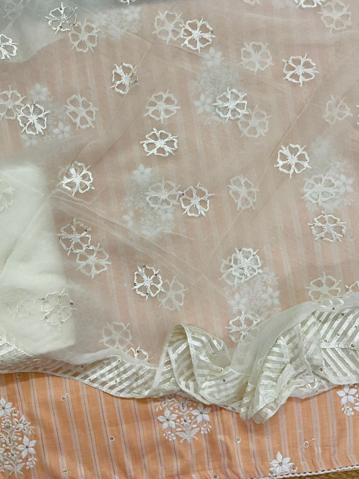Pure Cotton Self Weaved Embroidered Suit - Peach