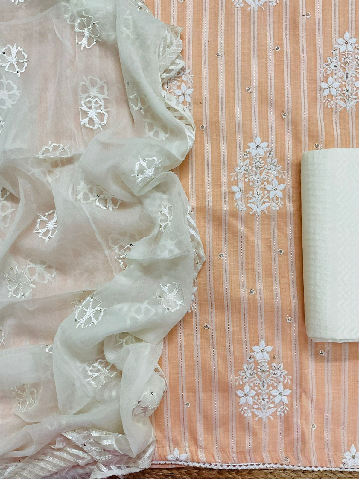 Pure Cotton Self Weaved Embroidered Suit - Peach
