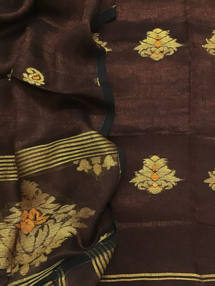 Image of Pure Linen Tissue Self Weaved Kurta Dupatta Set - Brown