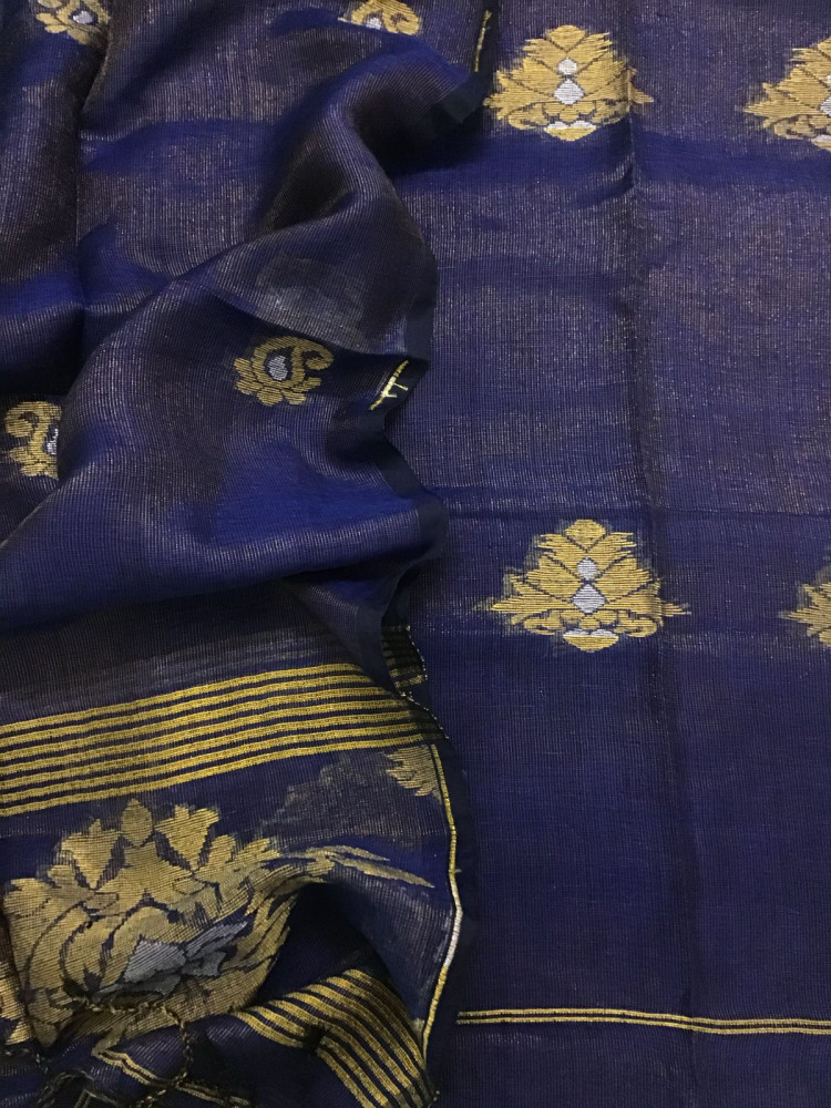 Image of Pure Linen Tissue Self Weaved Kurta Dupatta Set - Blue