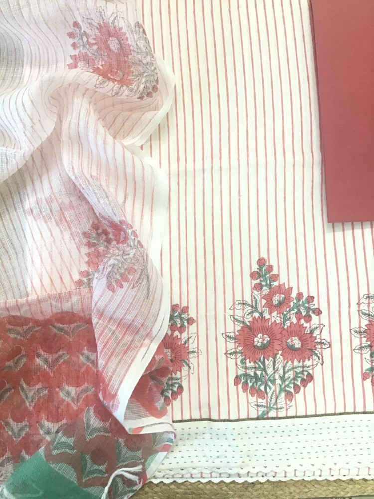Image of Pure Slub Cotton Printed Embroidered Border Suit - Offwhite