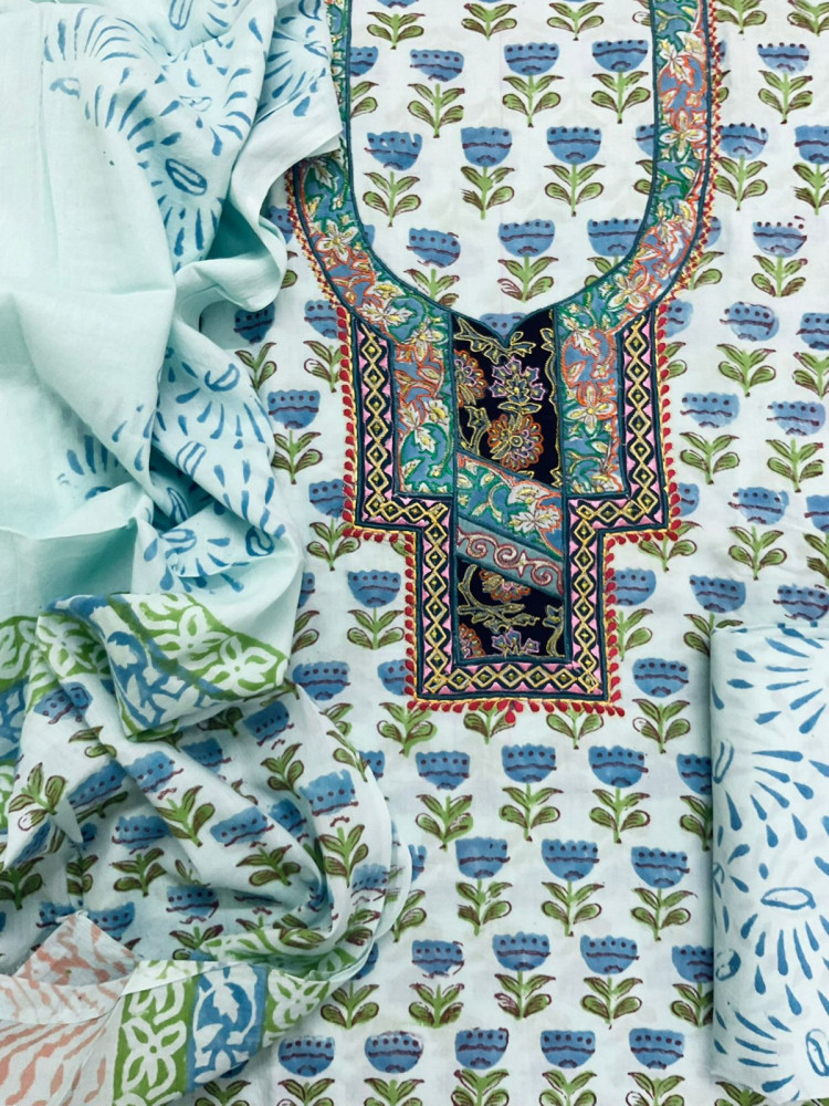 Image of Pure Cotton Printed Embroidered Suit - Blue