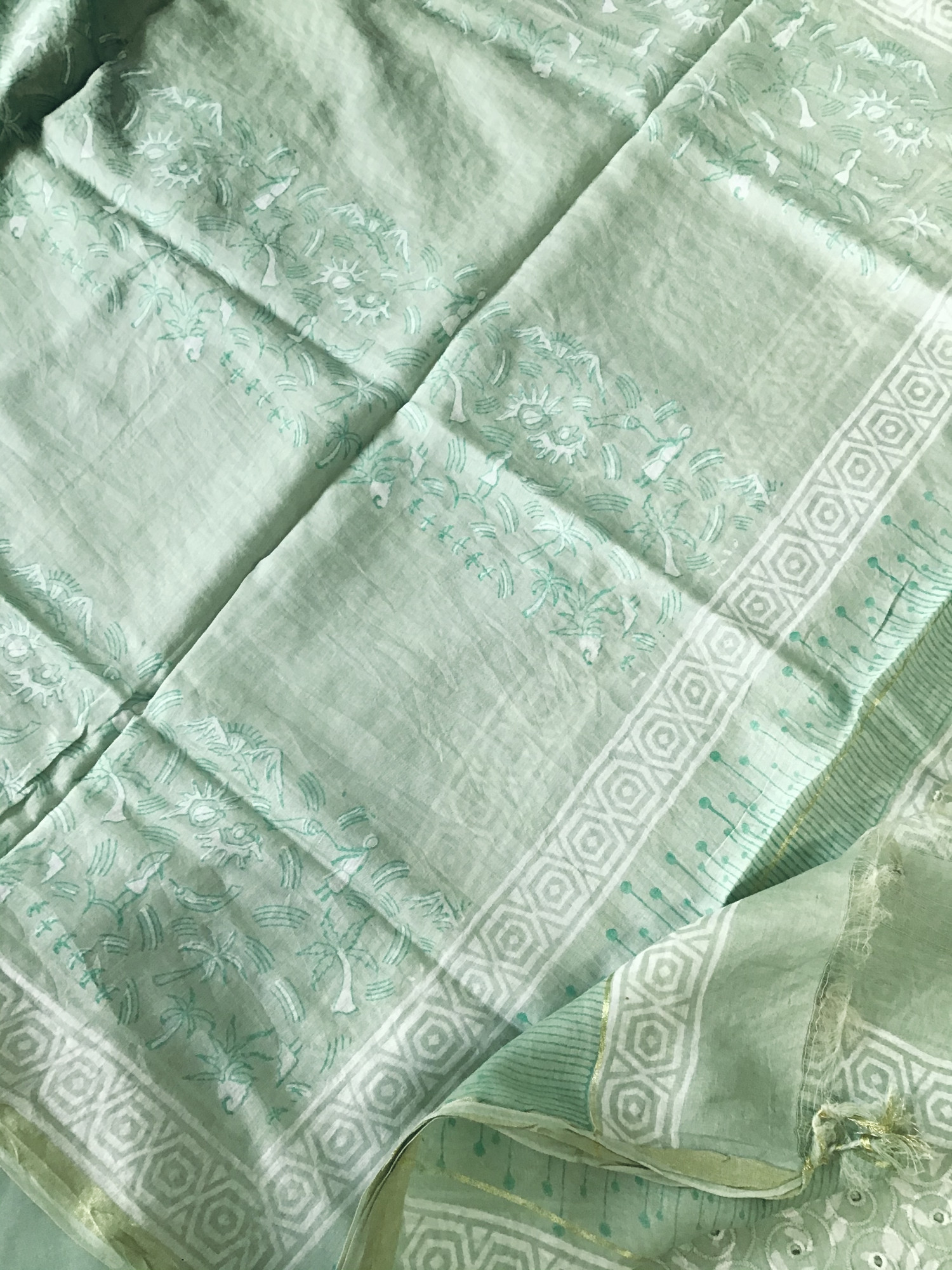 Pure Hakoba Cotton Printed Embroidered Suit - Green