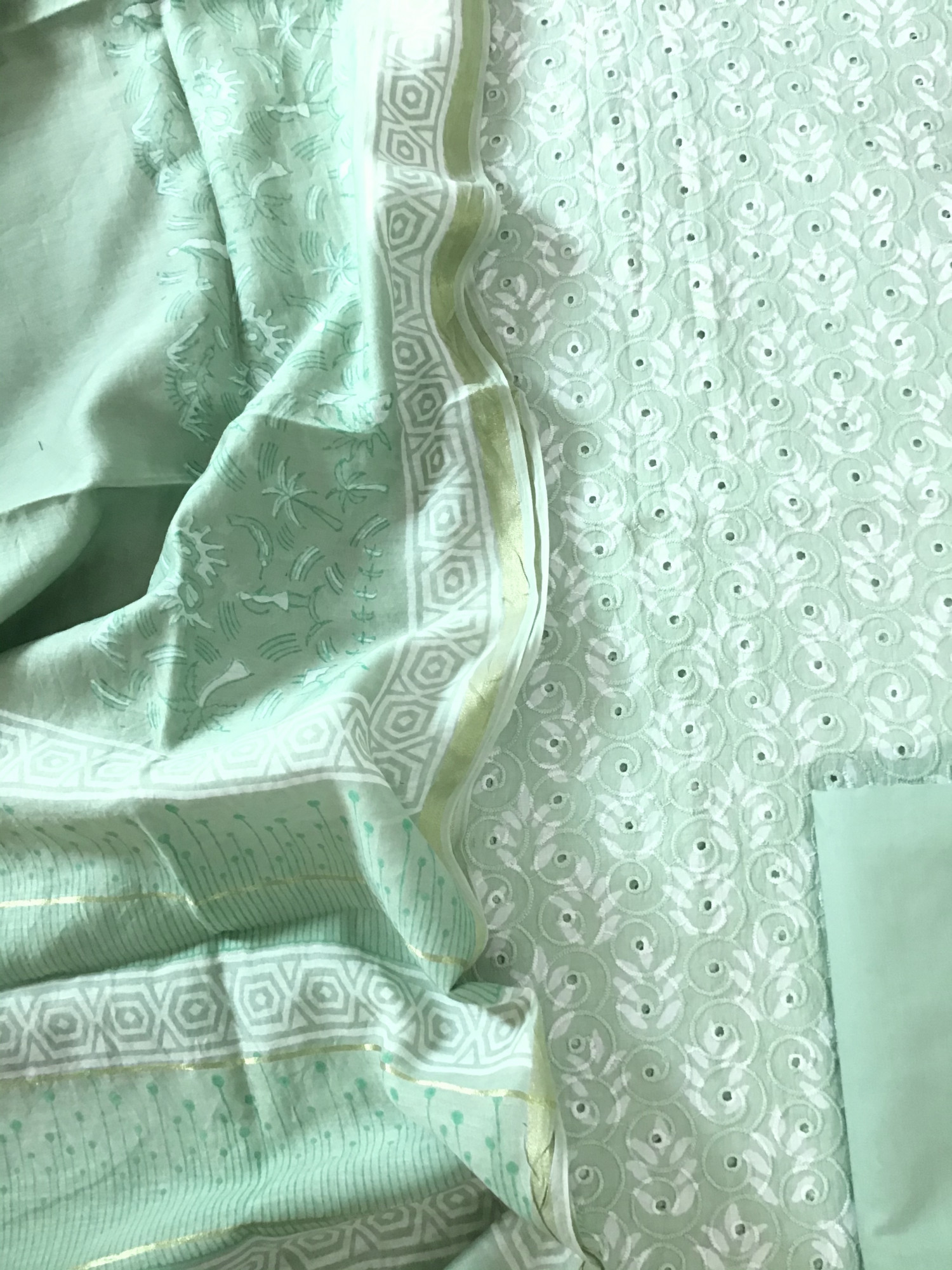 Pure Hakoba Cotton Printed Embroidered Suit - Green