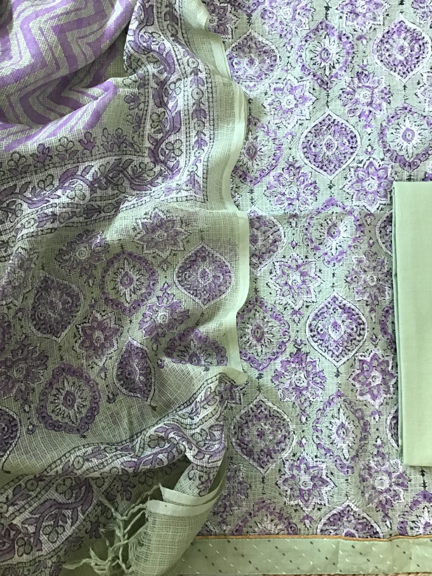 Pure Kota Cotton Printed Embroidered Suit - Green