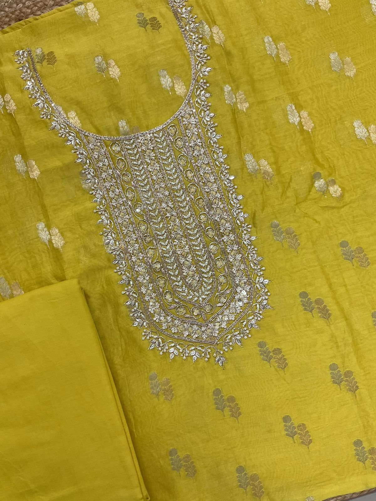Pure Mul Chanderi Banarasi Weaved Embroidered Suit - Yellow