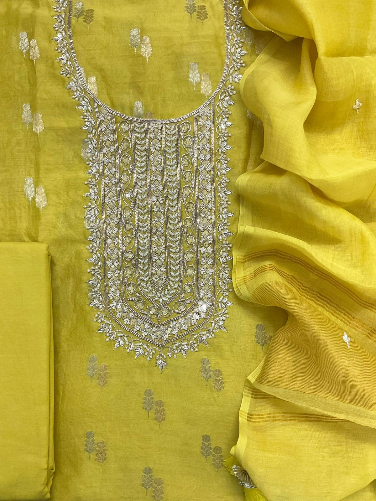 Pure Mul Chanderi Banarasi Weaved Embroidered Suit - Yellow