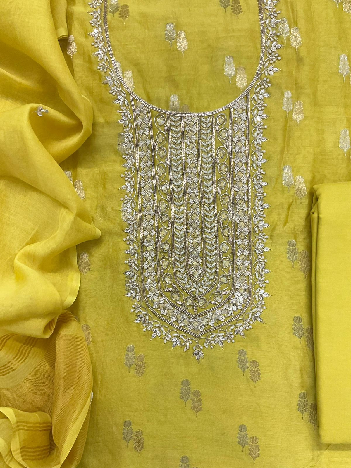 Pure Mul Chanderi Banarasi Weaved Embroidered Suit - Yellow