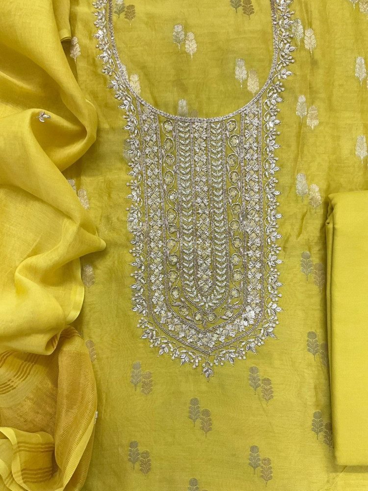 Image of Pure Mul Chanderi Banarasi Weaved Embroidered Suit - Yellow