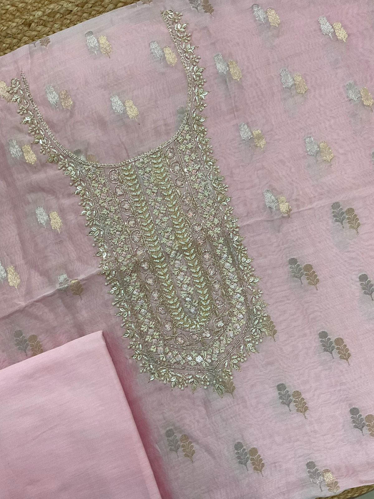 Pure Mul Chanderi Banarasi Weaved Embroidered Suit - Pink