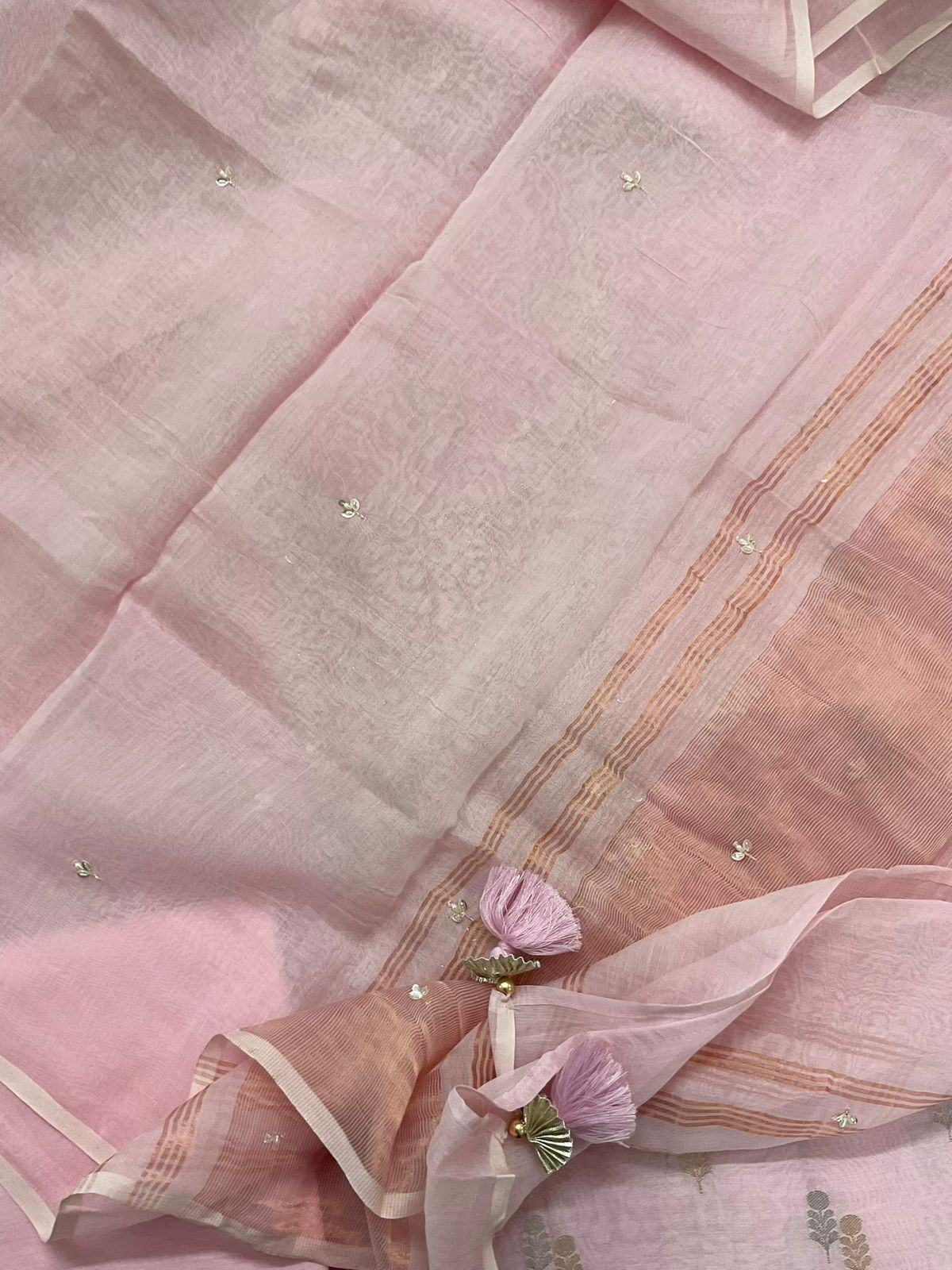 Pure Mul Chanderi Banarasi Weaved Embroidered Suit - Pink