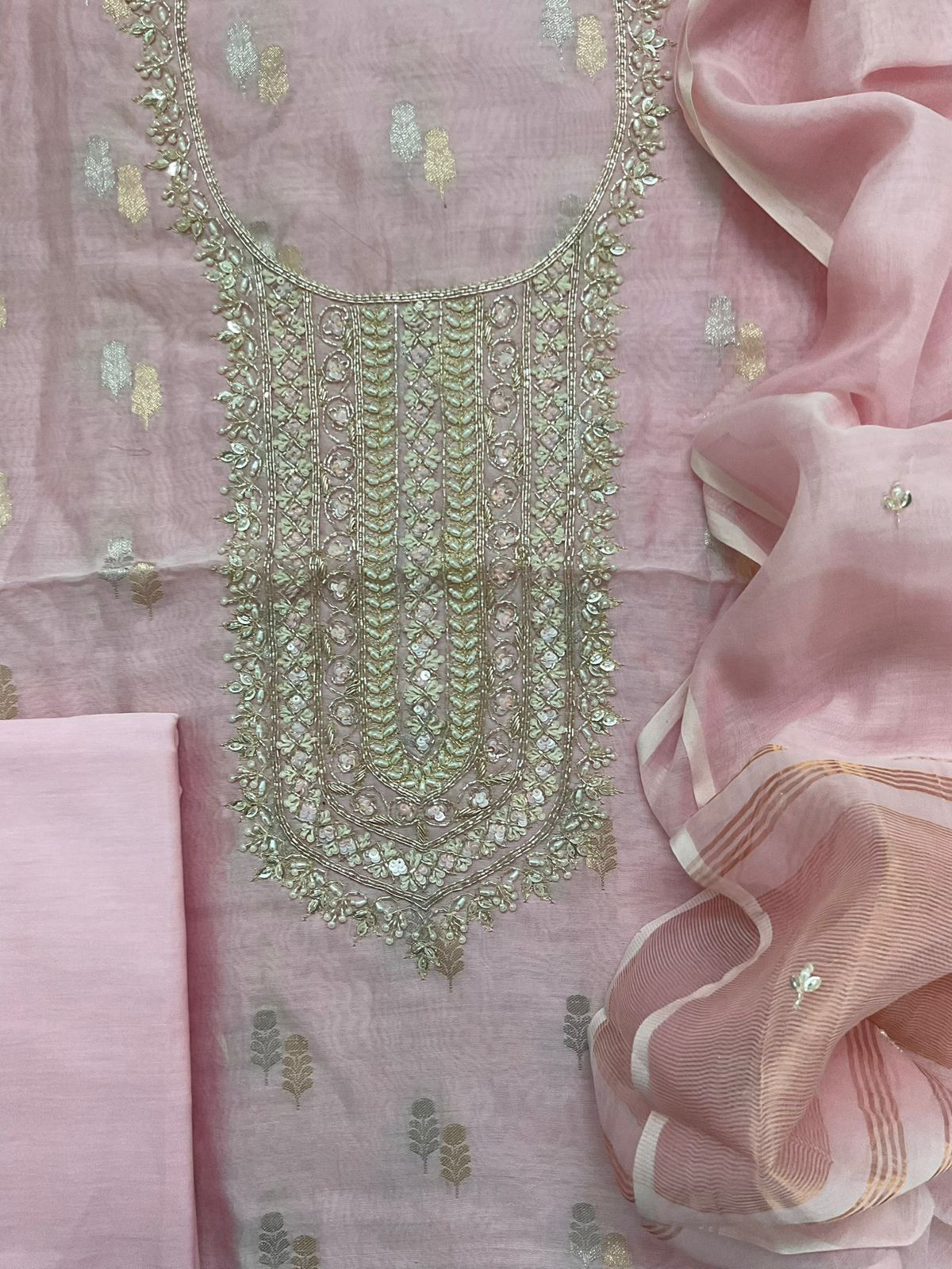 Pure Mul Chanderi Banarasi Weaved Embroidered Suit - Pink