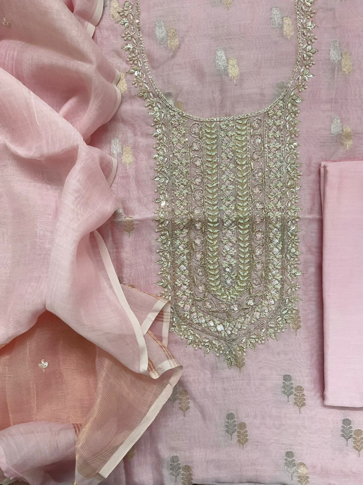 Image of Pure Mul Chanderi Banarasi Weaved Embroidered Suit - Pink