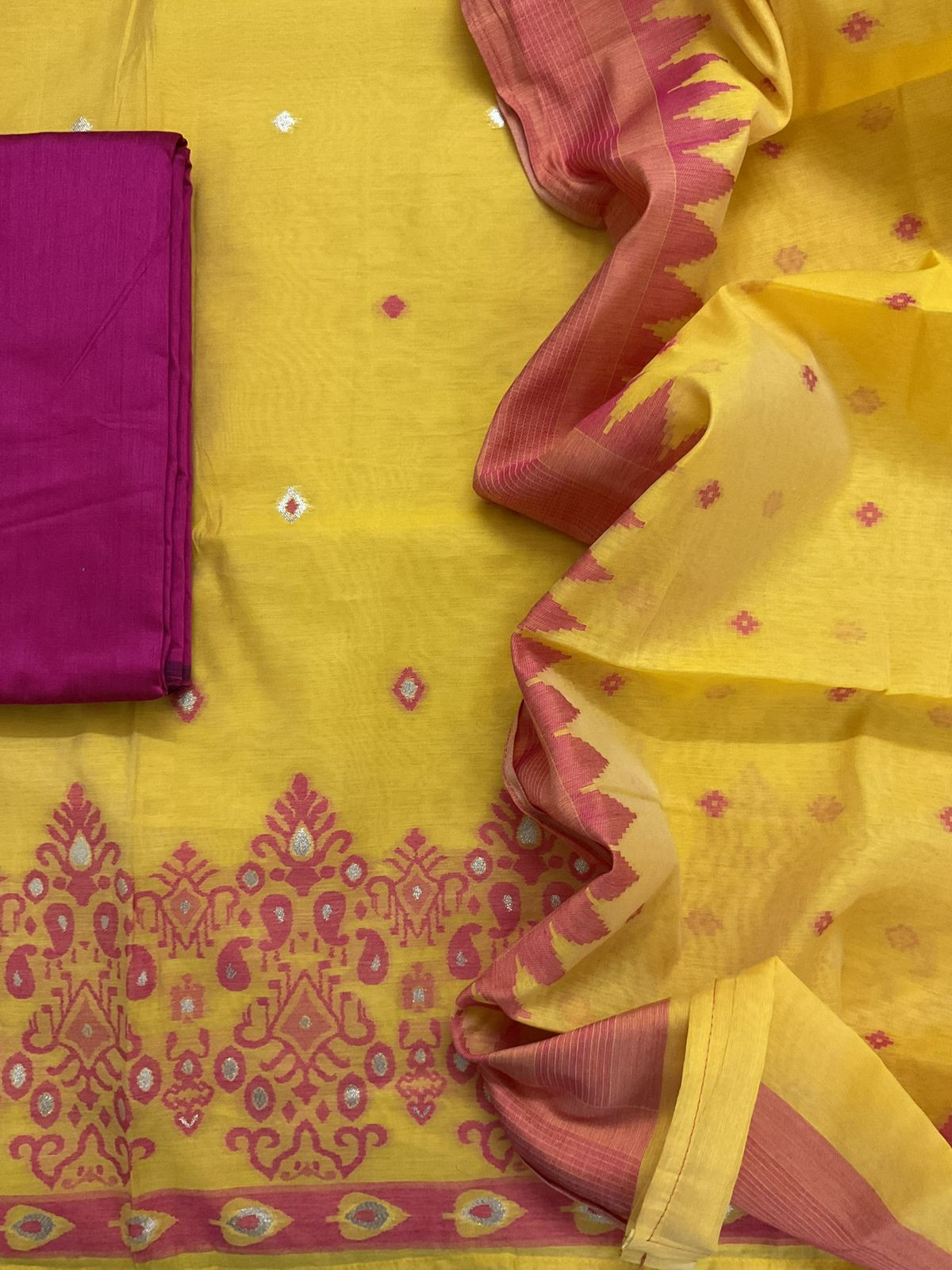 Soft Kora Chanderi Jamdani Weaved Suit - Yellow