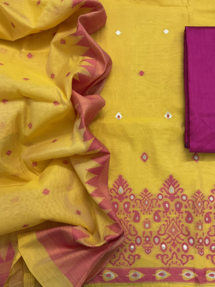 Image of Soft Kora Chanderi Jamdani Weaved Suit - Yellow