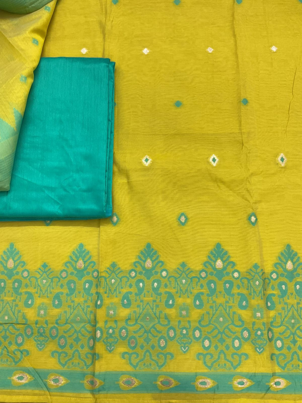 Soft Kora Chanderi Jamdani Weaved Suit - Greenish Yellow