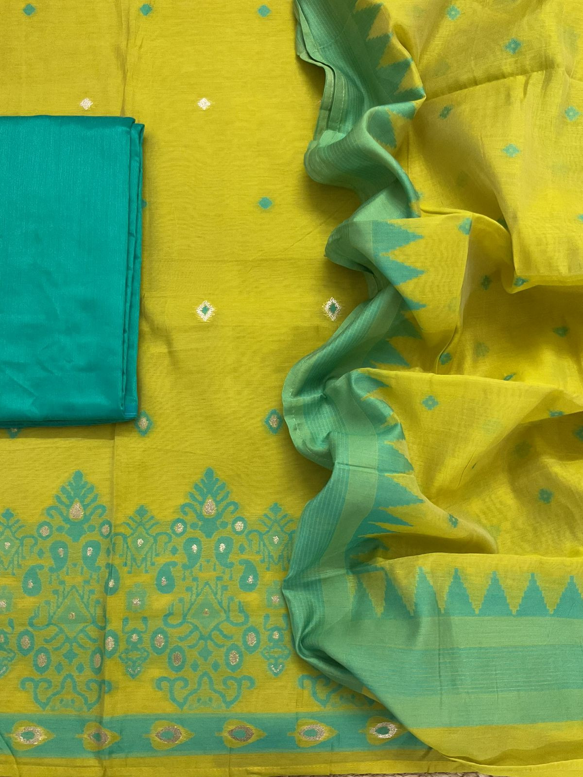 Soft Kora Chanderi Jamdani Weaved Suit - Greenish Yellow