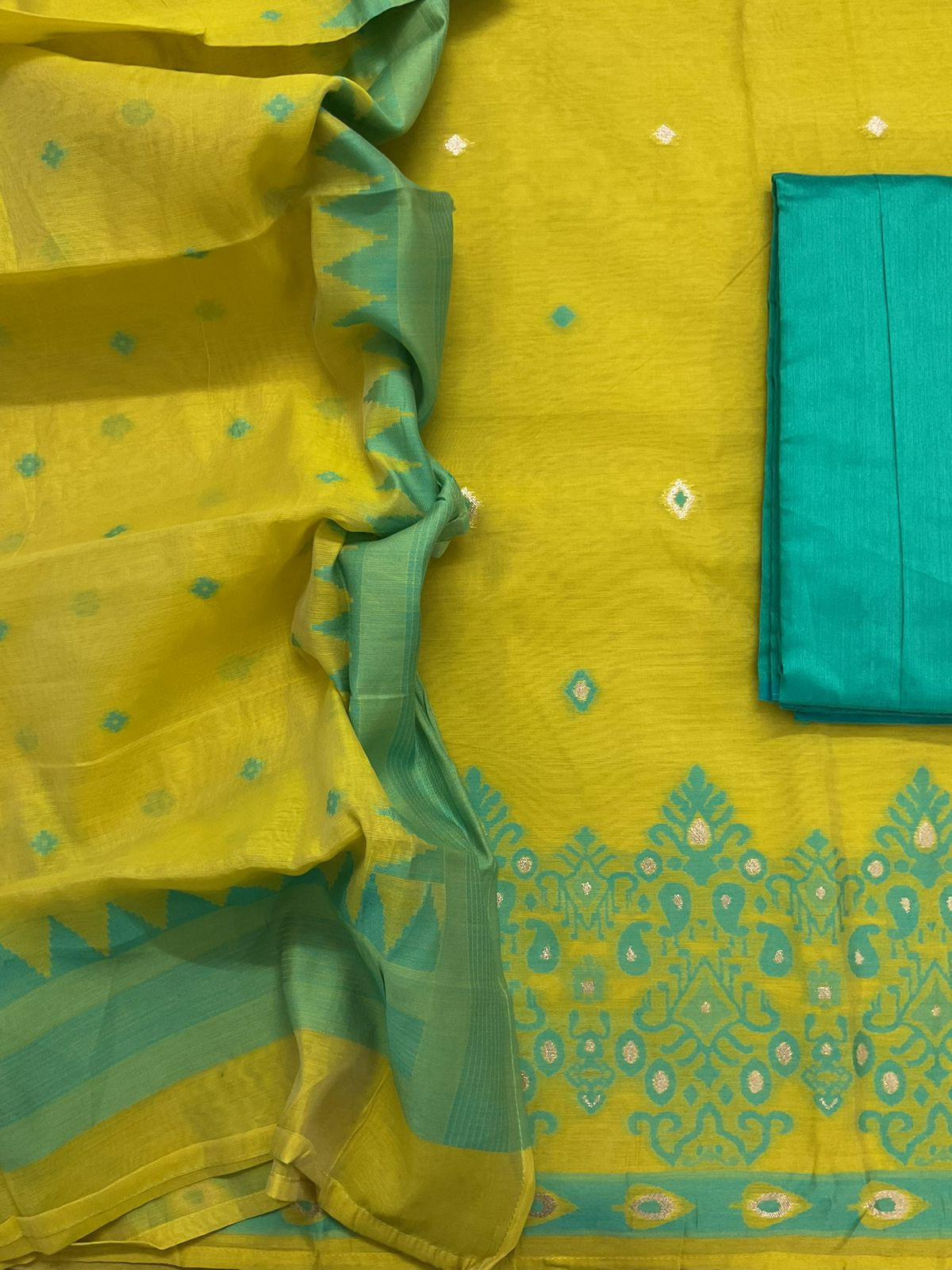 Soft Kora Chanderi Jamdani Weaved Suit - Greenish Yellow