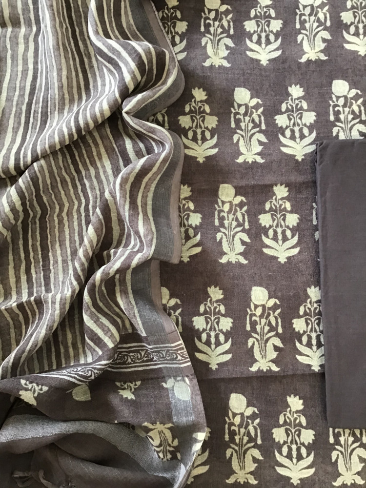Image of Pure Linen Jute Cotton Silk Printed Suit - Brown