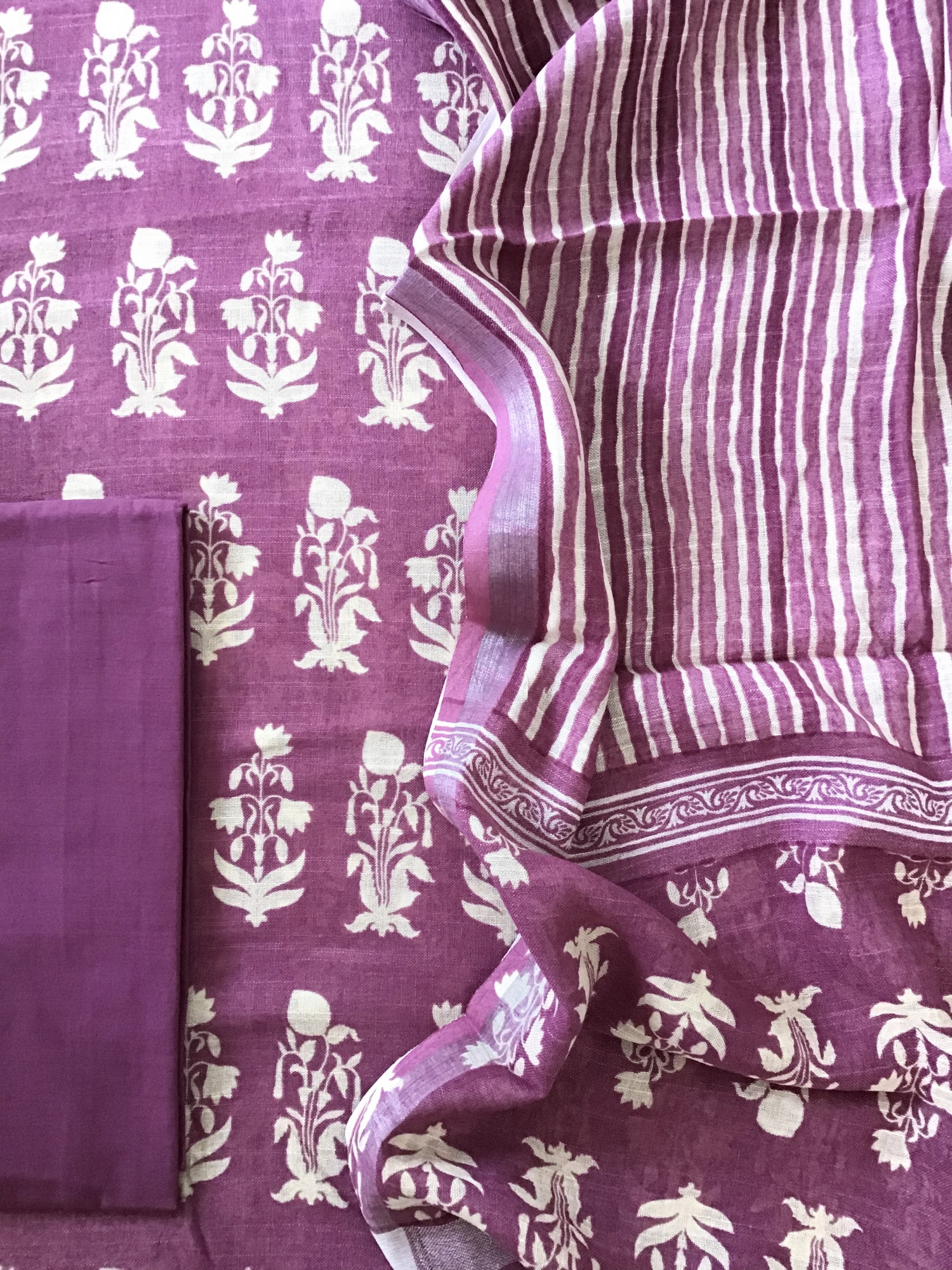 Pure Linen Jute Cotton Silk Printed Suit - Wine
