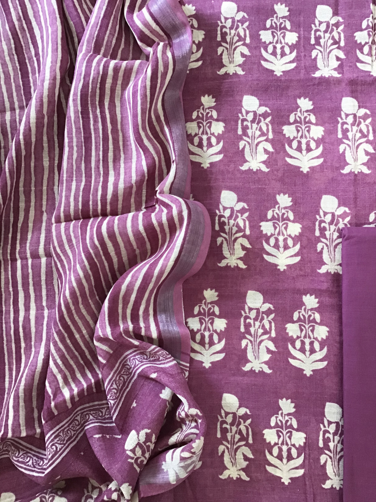 Pure Linen Jute Cotton Silk Printed Suit - Wine