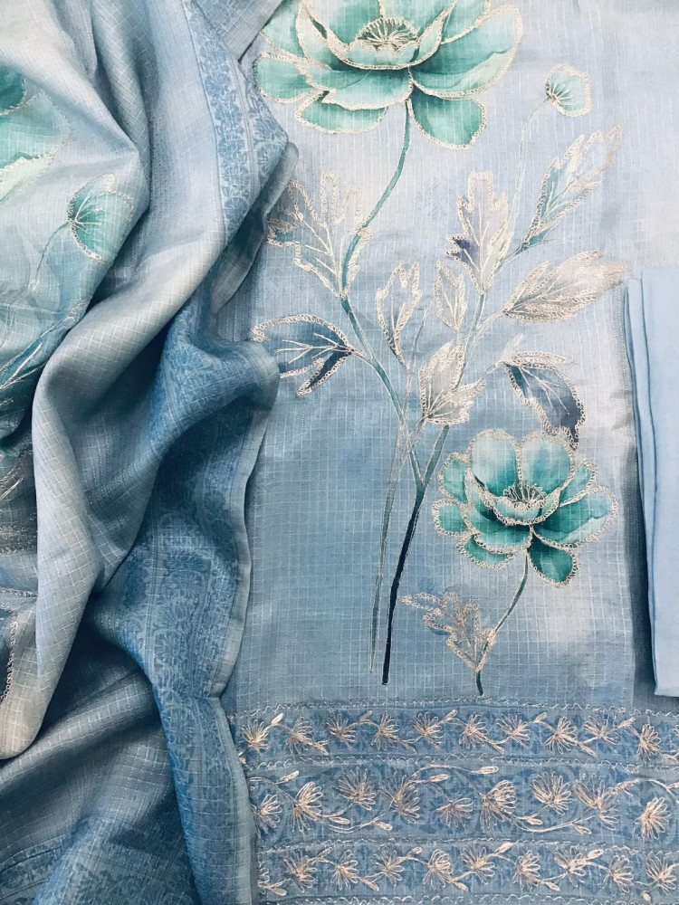 Image of Soft Raw Silk Printed Self Weaved Embroidered Suit - Blue