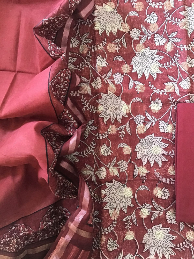 Image of Pure Chanderi Printed Banarasi Weaved Suit - Maroon
