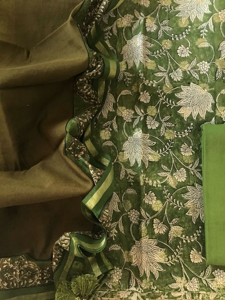 Image of Pure Chanderi Printed Banarasi Weaved Suit - Dark Green