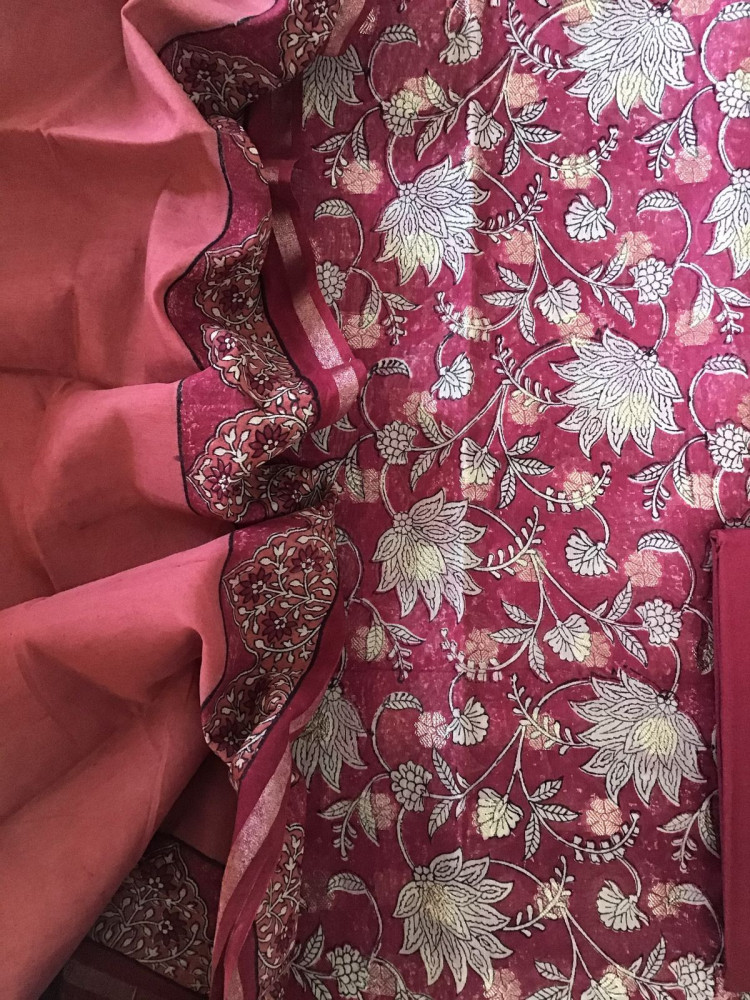 Image of Pure Chanderi Printed Banarasi Weaved Suit - Pink