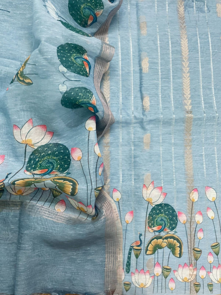 Image of Soft Slub Chanderi Printed Jamdani Weaved Suit - Blue