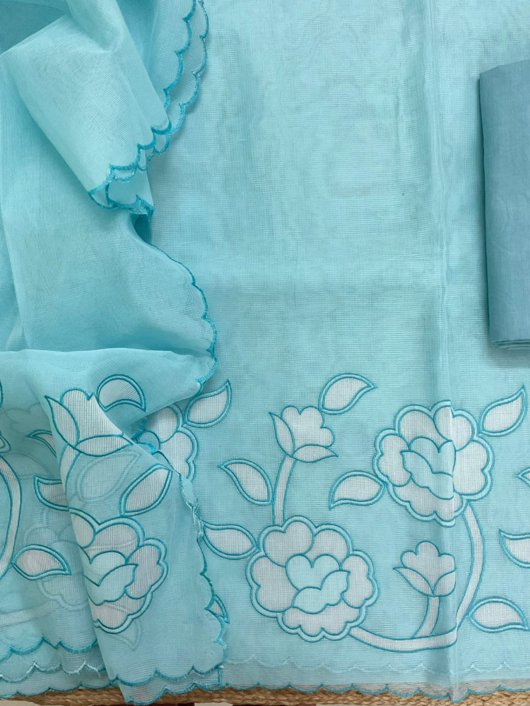 Image of Soft Fine Supernet Embroidered Suit - Blue