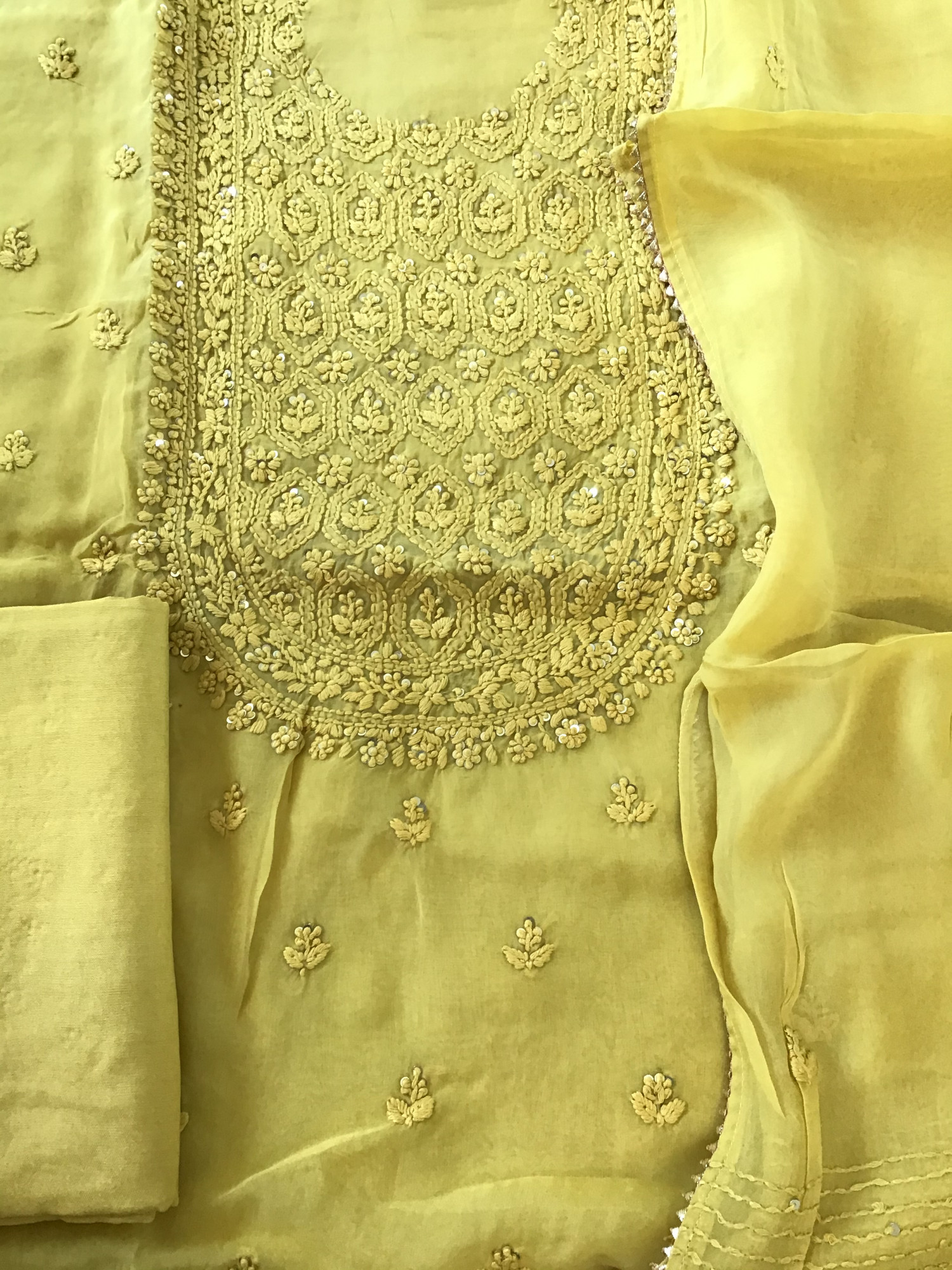 Pure Organza Embroidered Suit - Yellow
