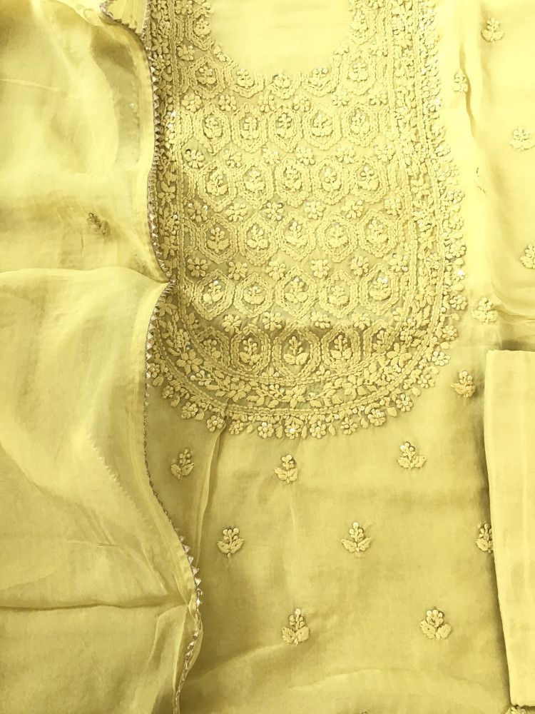 Image of Pure Organza Embroidered Suit - Yellow