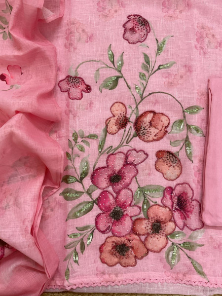 Image of Soft Linen Jute Cotton Printed Embroidered Suit - Pink