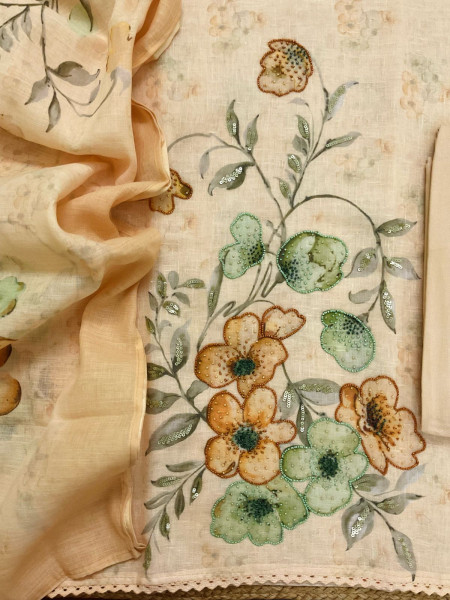 Image of Soft Linen Jute Cotton Printed Embroidered Suit - Yellow