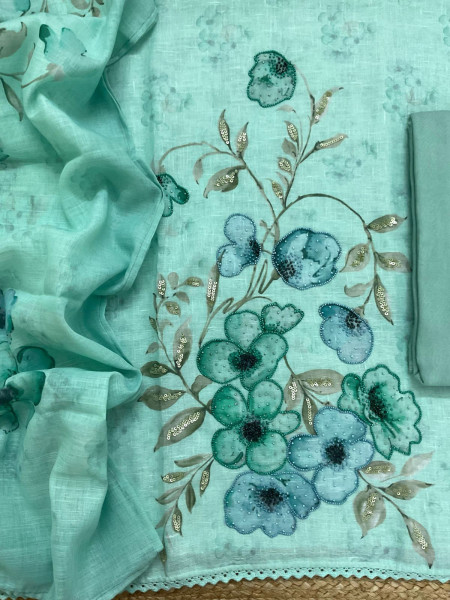 Image of Soft Linen Jute Cotton Printed Embroidered Suit - Blue