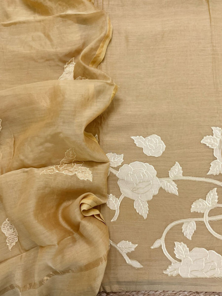 Image of Pure Mul Chanderi Appliqué Work Suit - Mustard Yellow