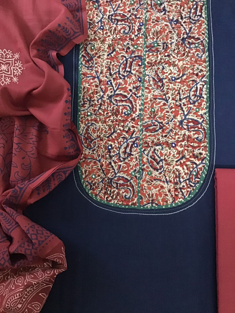 Image of Pure Cotton Printed Embroidered Suit - Blue