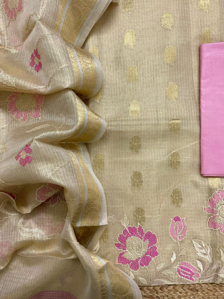 Image of Soft Tissue Kota Silk Banarasi Weaved Embroidered Suit - Beige