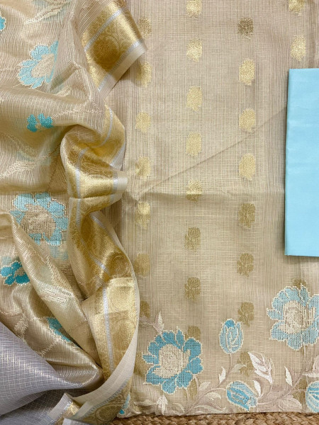 Image of Soft Tissue Kota Silk Banarasi Weaved Embroidered Suit - Beige