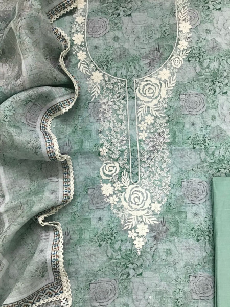 Image of Soft Linen Jute Cotton Printed Embroidered Suit - Green