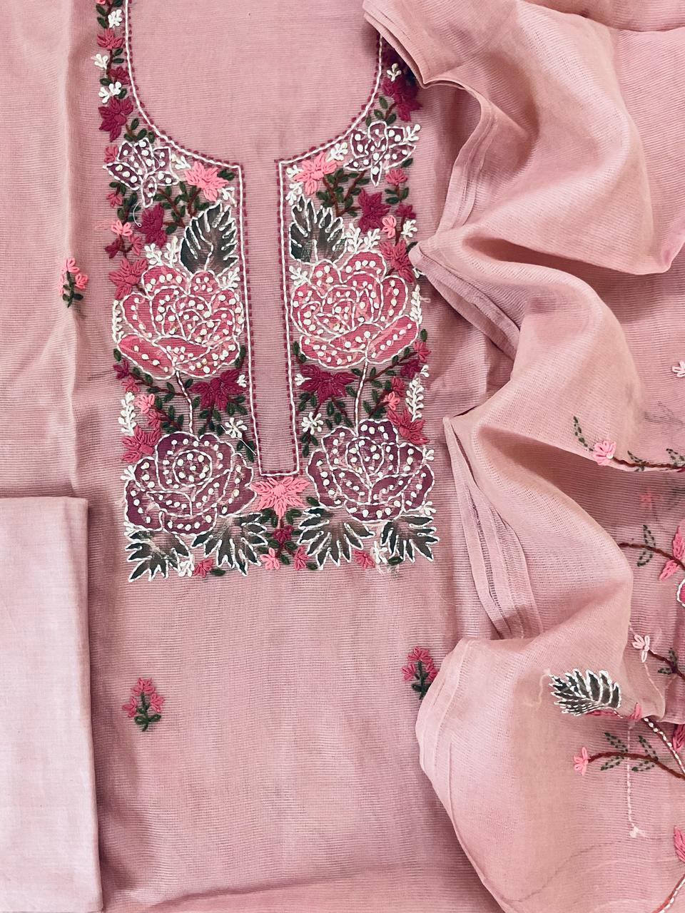 Soft Fine Supernet Brush Painted Embroidered Suit - Onion Pink