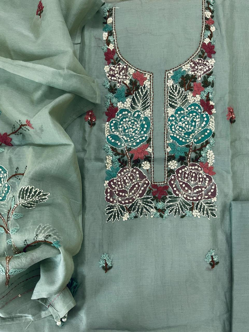 Soft Fine Supernet Brush Painted Embroidered Suit - Green