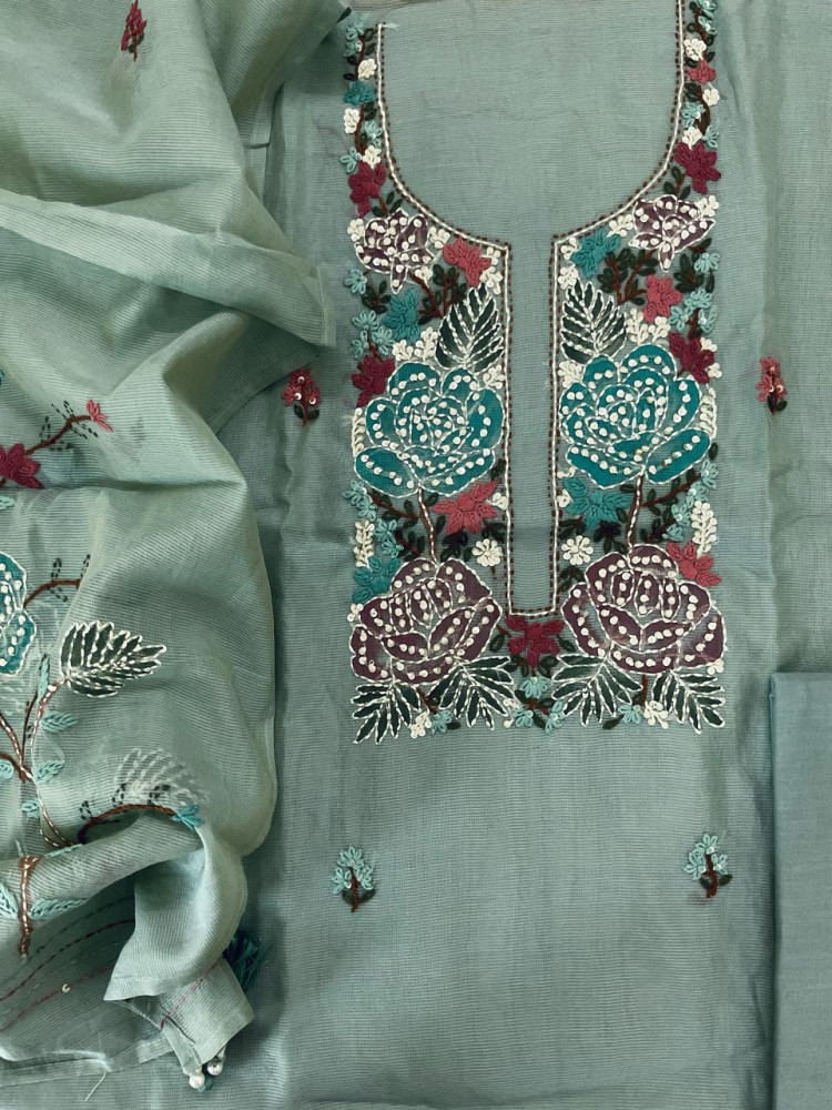 Image of Soft Fine Supernet Brush Painted Embroidered Suit - Green