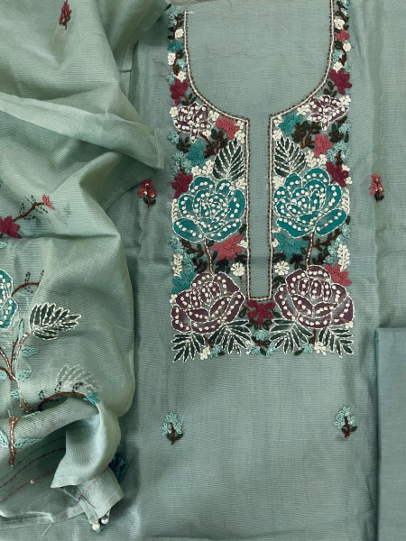 Image of Soft Fine Supernet Brush Painted Embroidered Suit - Green