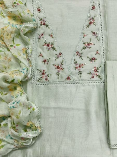 Image of Pure Chanderi Printed Embroidered Suit - Sea Green